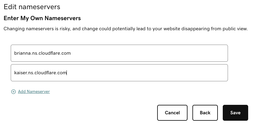 GoDaddy's dialog to configure the nameservers